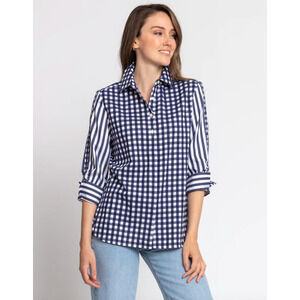 HINSON WU ZOEY 3/4 SLEEVE GINGHAM STRIPE SHIRT MARINE BLUE / WHITE 1610541